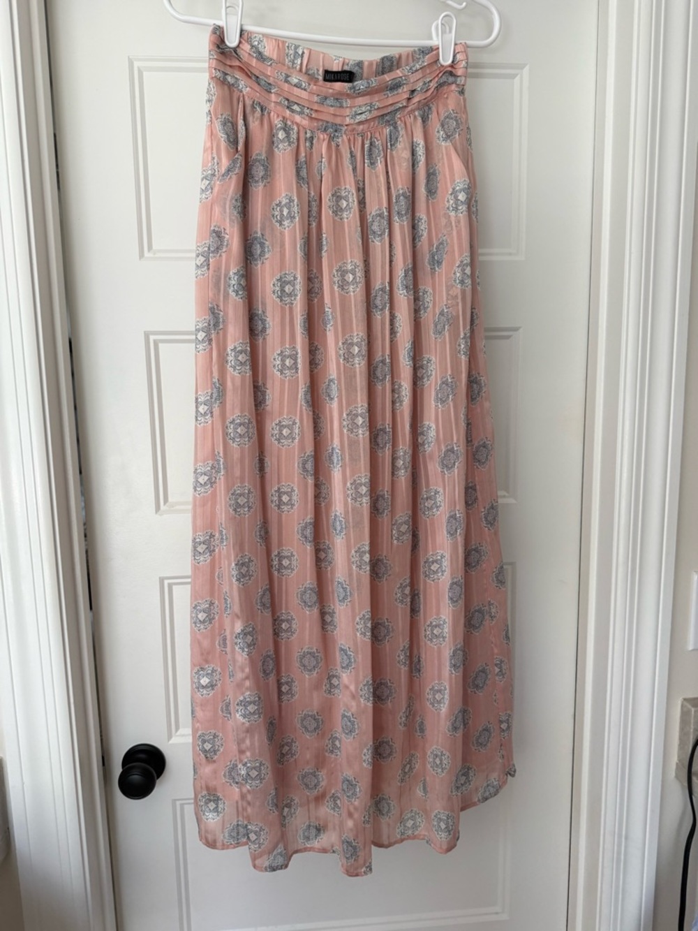 Mikarose Blush Pink Maxi Skirt with Gray Medallion Print